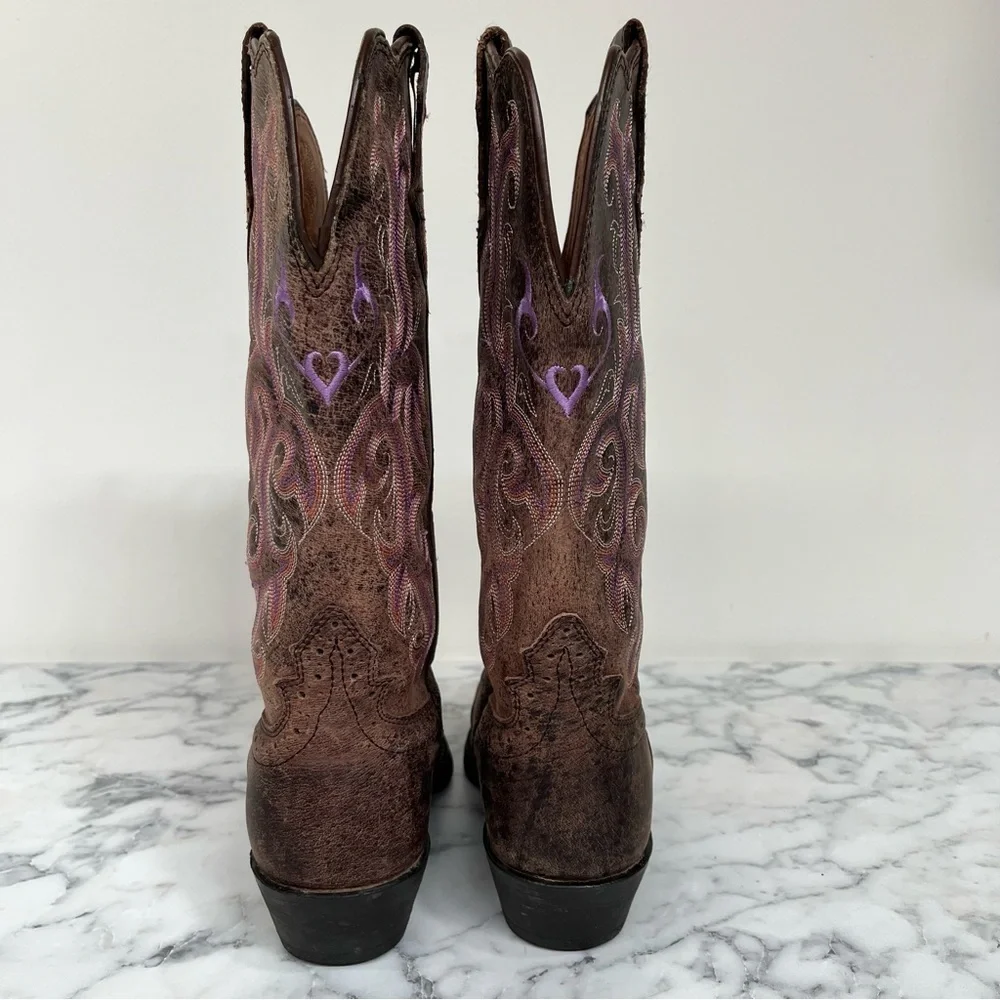 Justin Stampede Chocolate Puma women's 6B cowboy boots Purple Heart embroidery